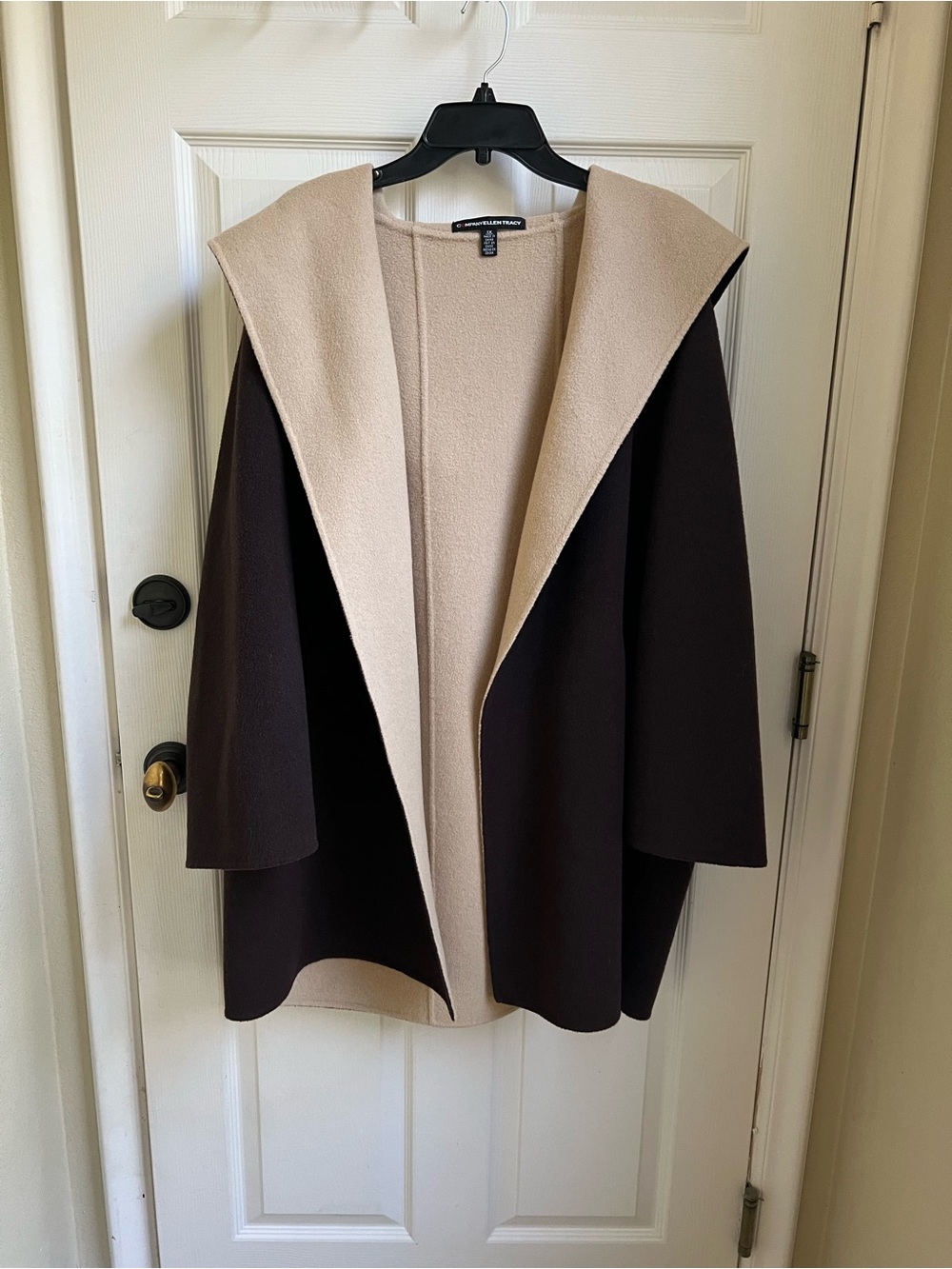 Ellen Tracy 91% Wool Hooded  OpenCoatigan in Brown & Cream